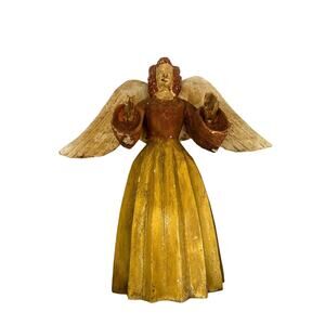 Vintage Mexican (?) Hand painted Angel Statue Solid Wood Rustic